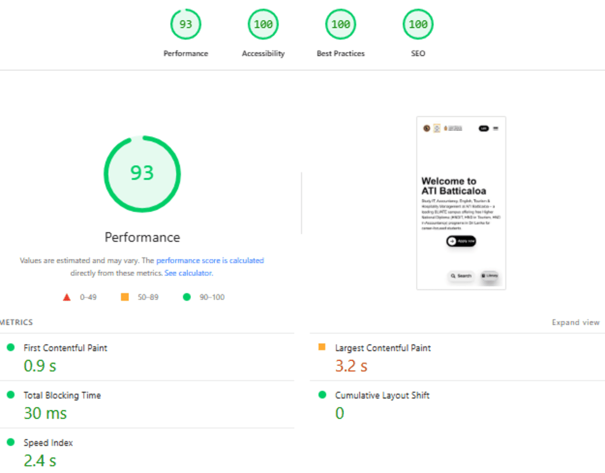 ATI Batticaloa — Google PageSpeed Insights Mobile score